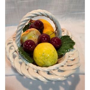 Vintage Italy Ceramic Fruit Basket Centerpiece Cherries Lemon Banana